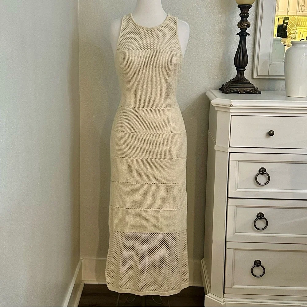 Rachel Zoe Crochet Bodycon Maxi Dress Metallic Tan Size Large - Picture 2 of 16